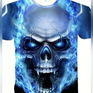 Men's Blue Skull T-shirt Novelty 3D Digital Print Medium (38) NWT